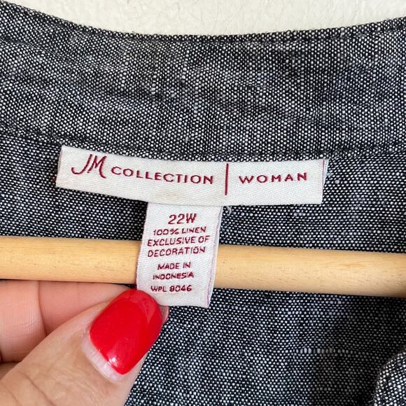 Lagenlook Boho Linen Women Shirt Size 22W Gray Artsy Boxy Embroidered Coastal - Picture 6 of 7